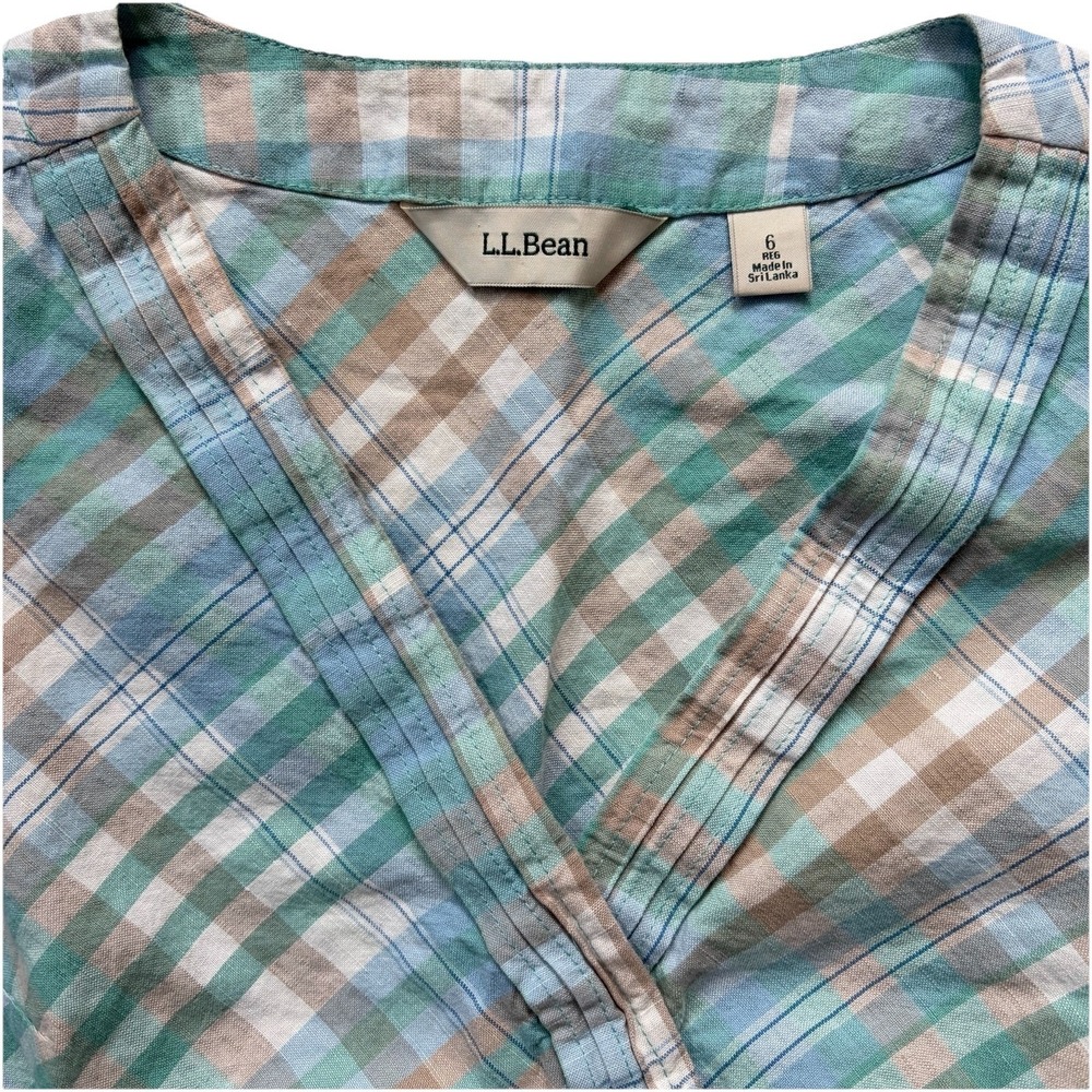LL Bean Sleeveless A Line Dress Size 6 Madras Plaid Linen Cotton Blue Green Wrap - Picture 3 of 12